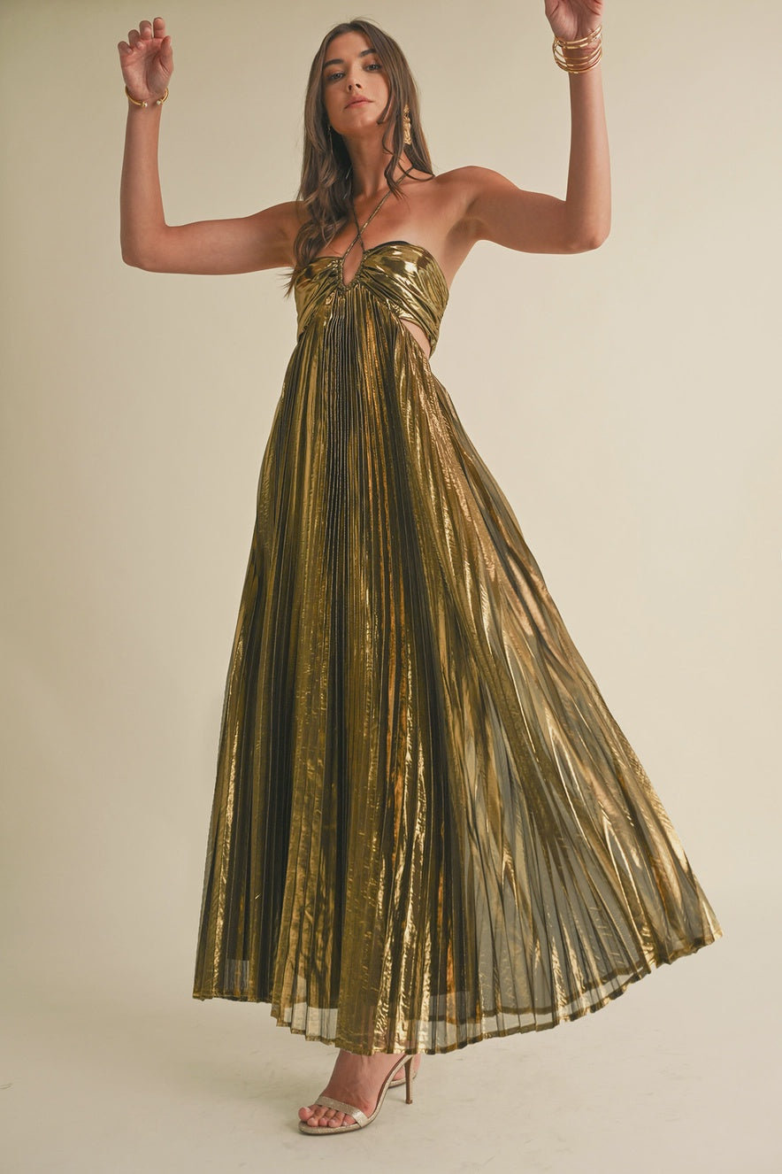 Gold metallic pleat maxi dress Sophie's Boutique Valdosta Gold metallic pleat maxi dress Sophie's Boutique Valdosta