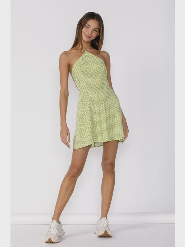 Lime Floral Crossed Halter Open Back Mini Dress – Sophie's Boutique Valdosta