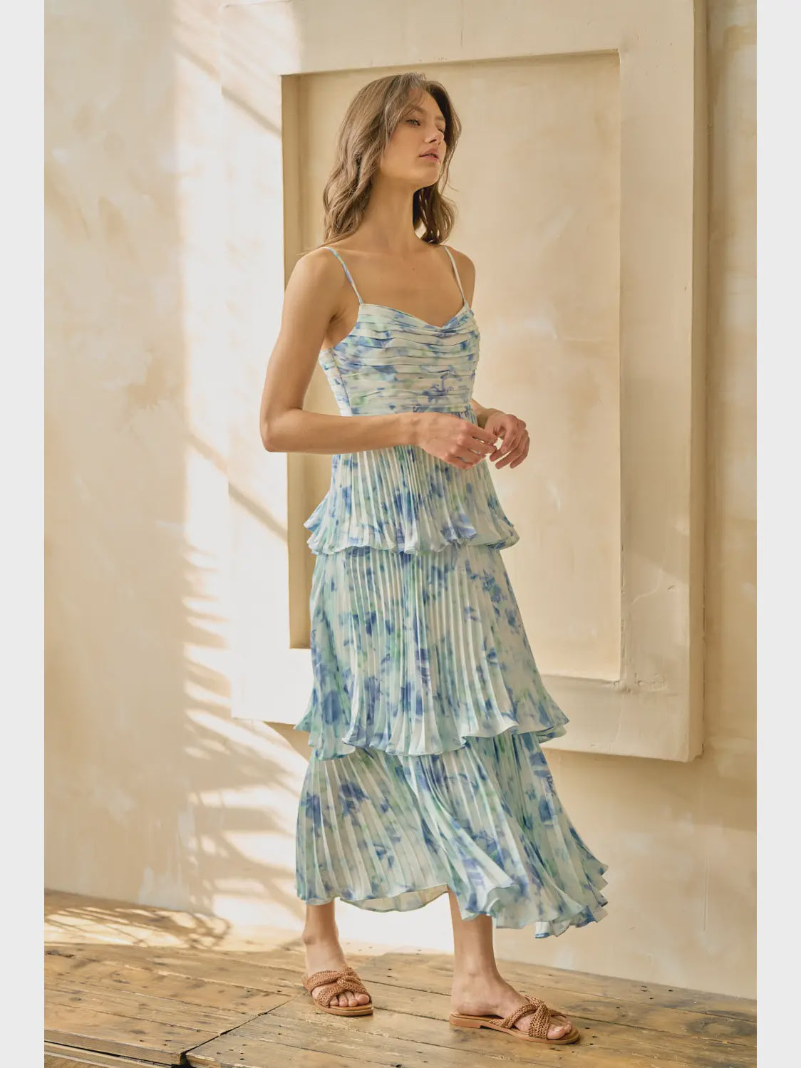 Blu/White Satin Floral Tiered Ruffle Maxi Dress Blu/White Satin Floral Tiered Ruffle Maxi Dress