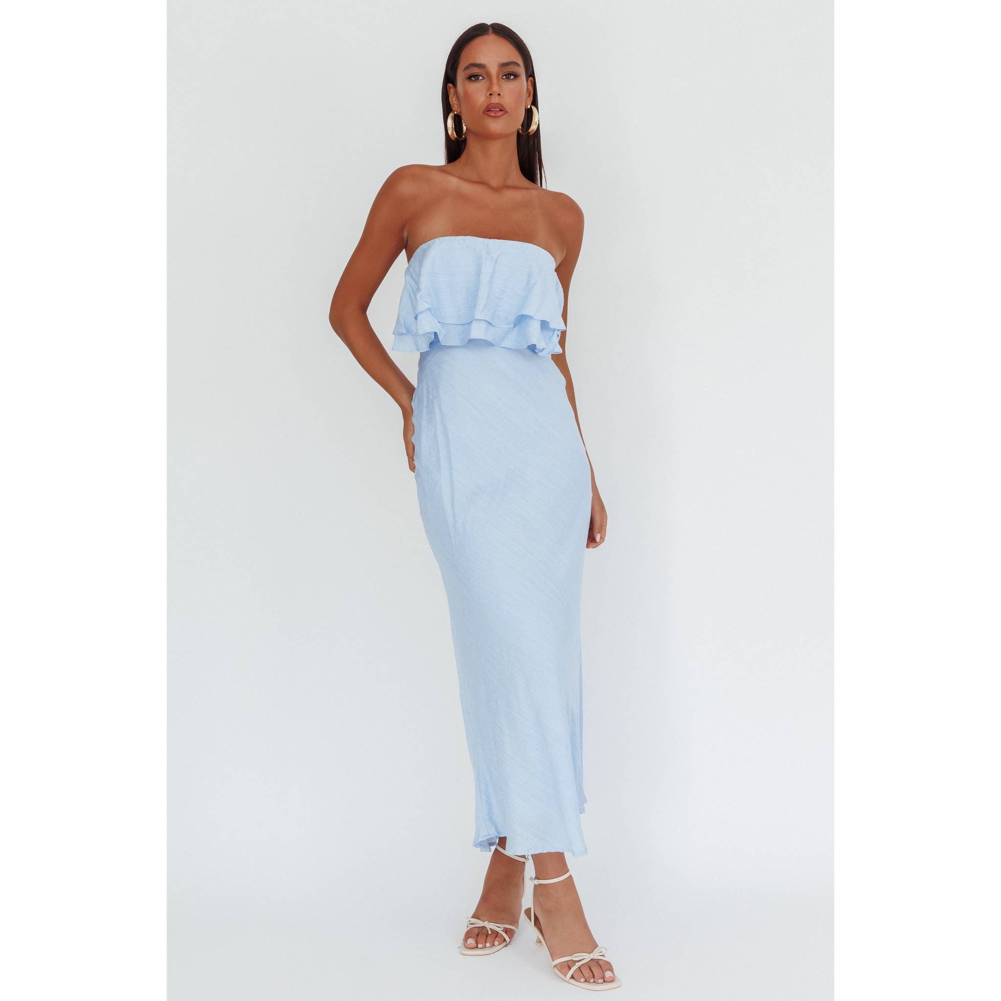 LIGHT BLUE STRAPLESS RUFFLE MAXI DRESS