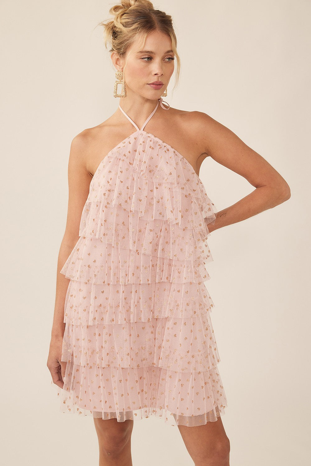 pink and gold mini dress Pink Ruffles With Gold Hearts Mini Dress