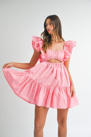 pink cutout dress Candy pink ruffle sleeve cutout front mini dress – Sophie's Boutique  Valdosta