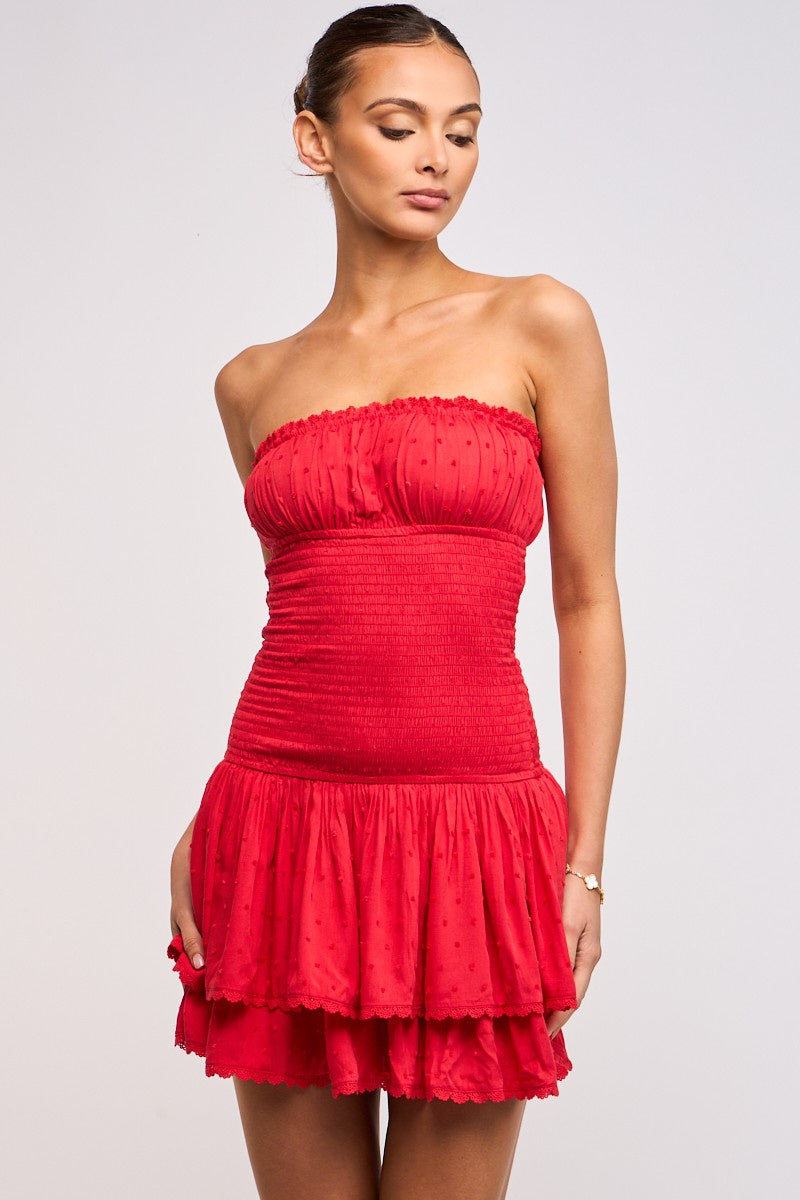 red strapless mini dress with ruffles Red Strapless Smocked Lace Mini Dress – Sophie's Boutique Valdosta