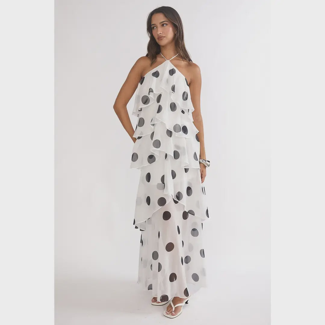 white and black polka dot halter dress Halter Pearl Polka Dots Puff Dress Black White