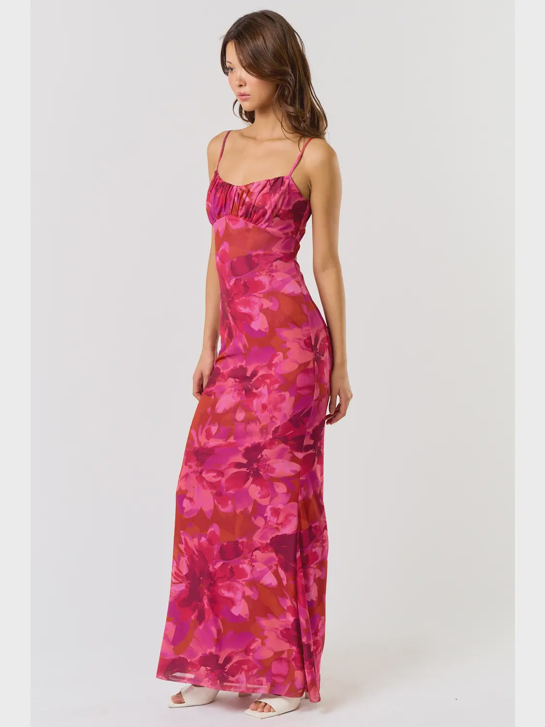 magenta floral maxi dress Magenta Floral Printed Frilled Neck Smocked Detail Long Sleeve Maxi Dress *FINAL SALE*
