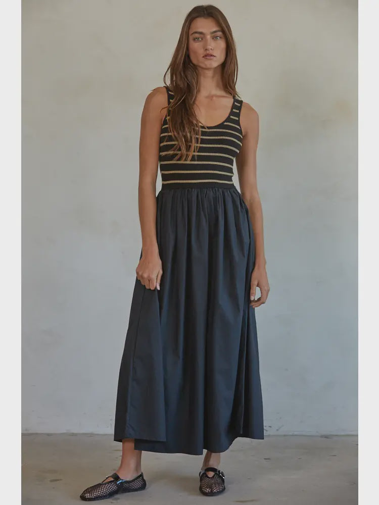 Black/Taupe Knit Striped Ribbed Tank Bodice Woven Flare Dress