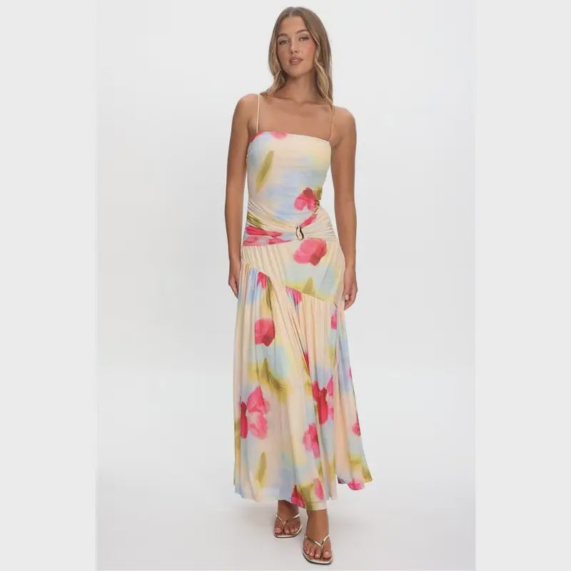 ruched floral maxi dress Stacees 2026 Blue White Floral Print A-Line Prom Dress with Ruffles & Slit