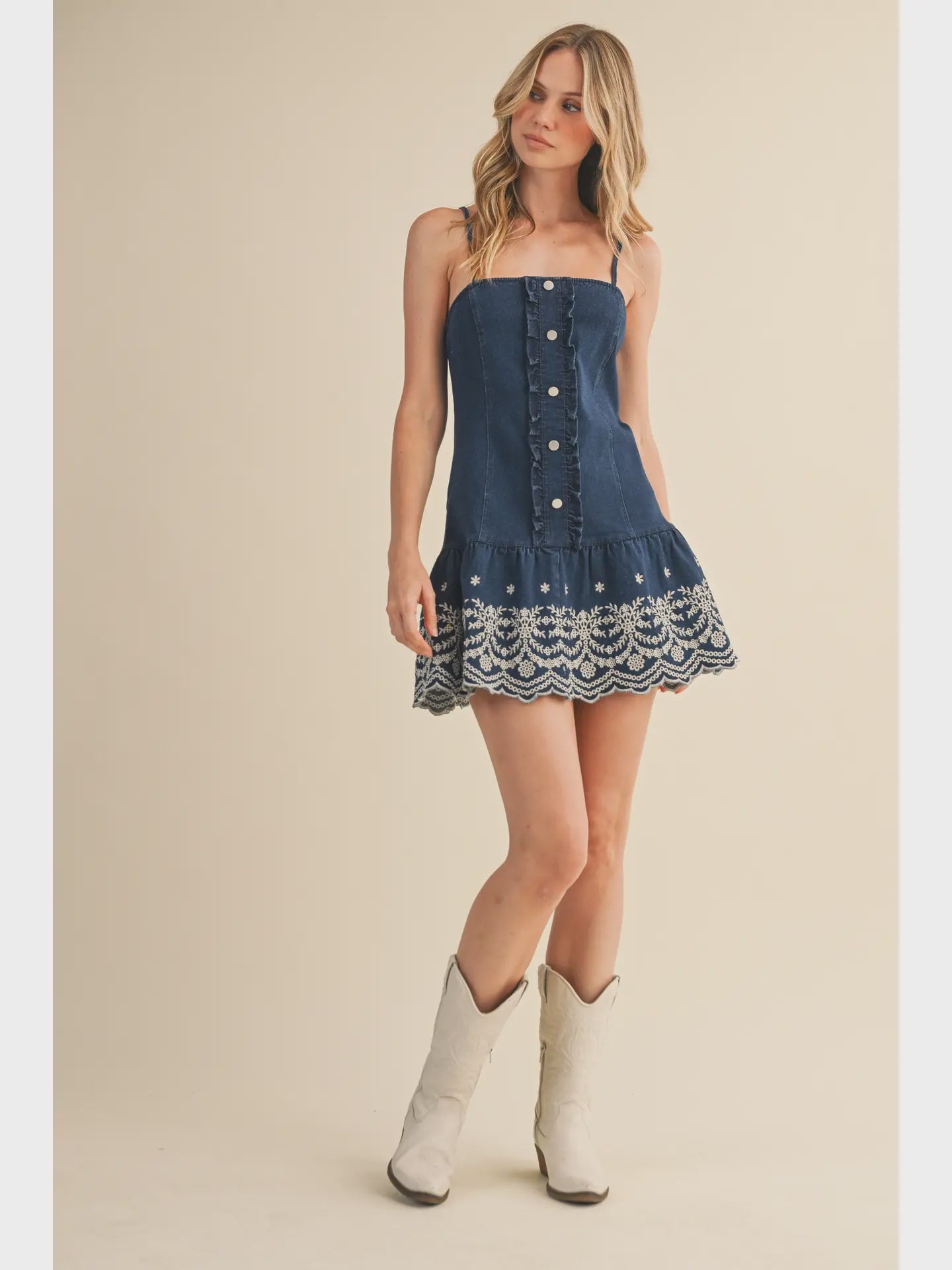 Dark Denim Drop Waist Denim Dress with Embroidery Detail – Sophie's Boutique Valdosta