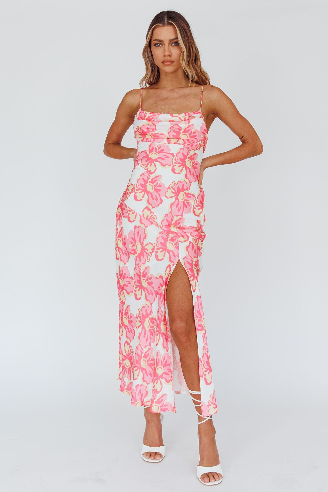 Cowl neck pink floral midi dress – Sophie's Boutique Valdosta
