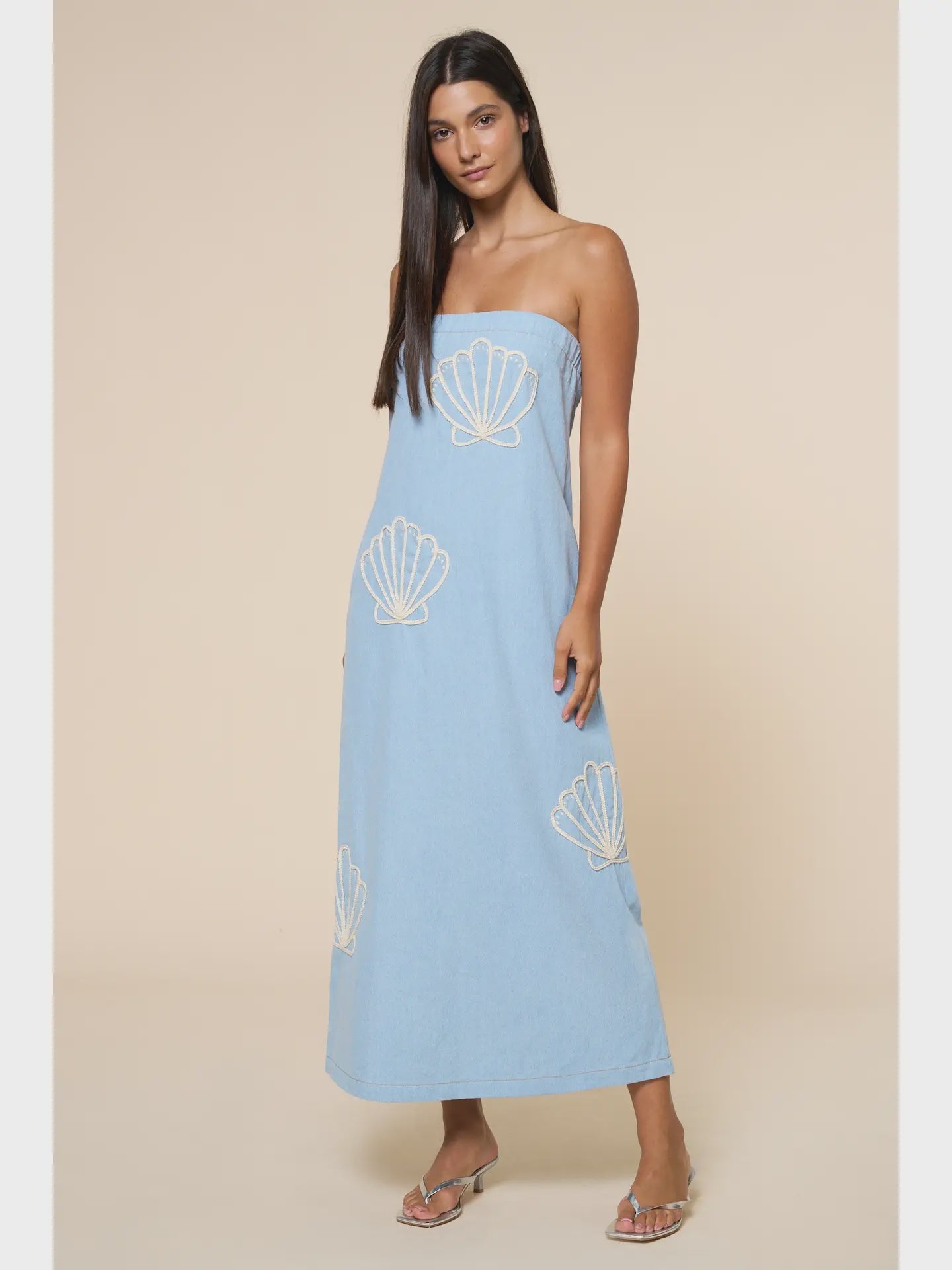 denim tube maxi dress Light Denim Seashell Embroidered Tube Maxi Dress