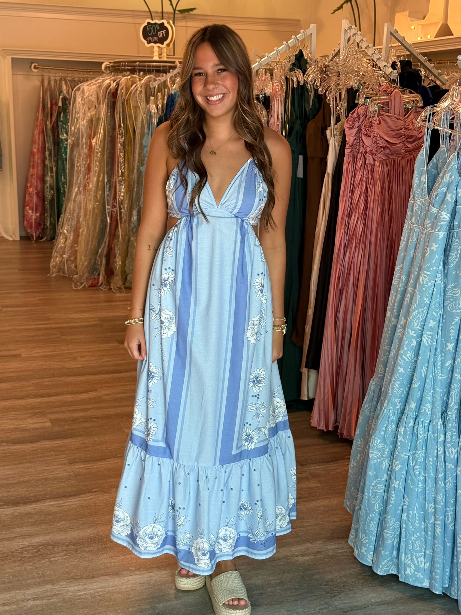 blue spaghetti strap maxi dress Floral Contrast – Sophie's Boutique Valdosta 68 cm (25 BLAZERS Color:Beige Stripe Gray blue tulle sequin