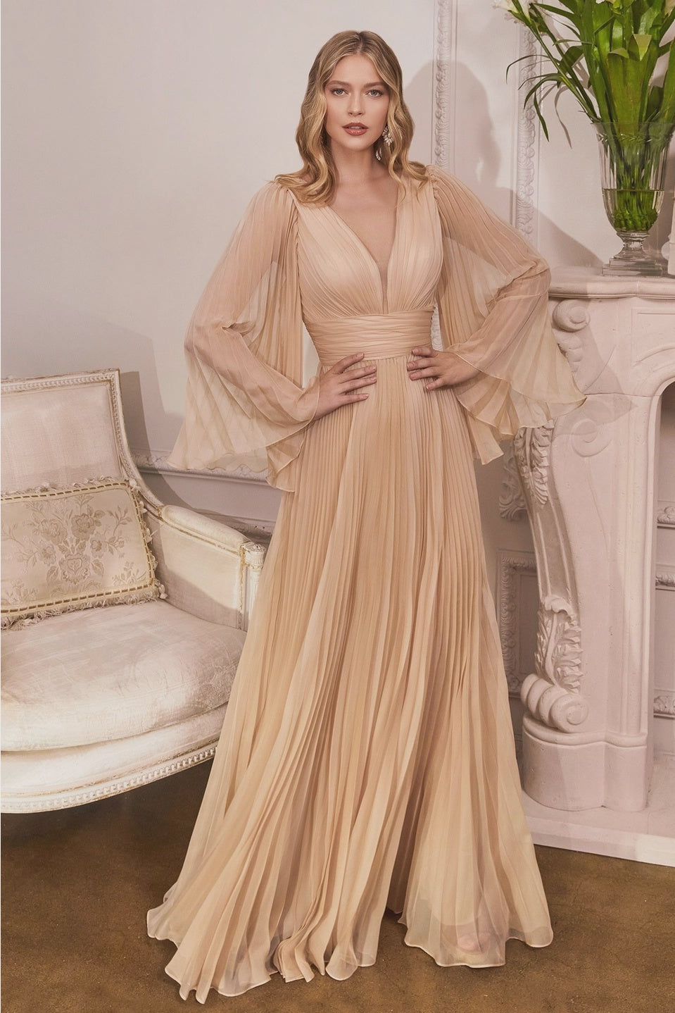 Chiffon Long Sleeve Gown Champagne Size 14  Sophie's Boutique Valdosta