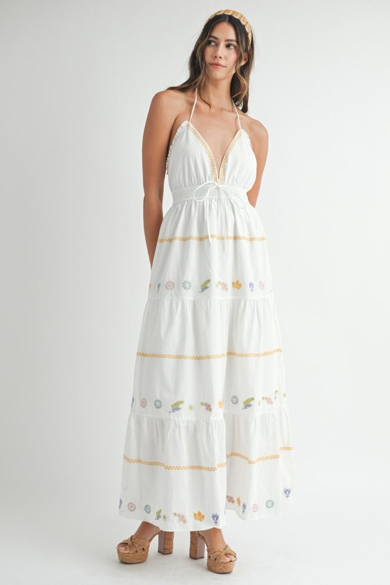 Off White Floral Embroidered Halter Neck Maxi Dress Off White Floral Embroidered Halter Neck Maxi Dress