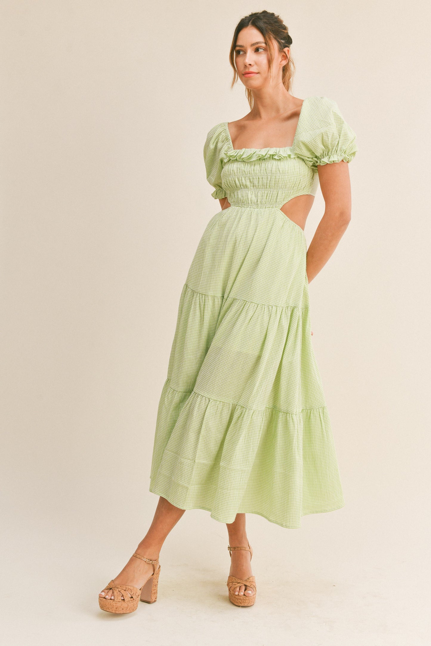 Apple green puff sleeve open back with tie midi dress Apple green puff sleeve open back with tie midi dress