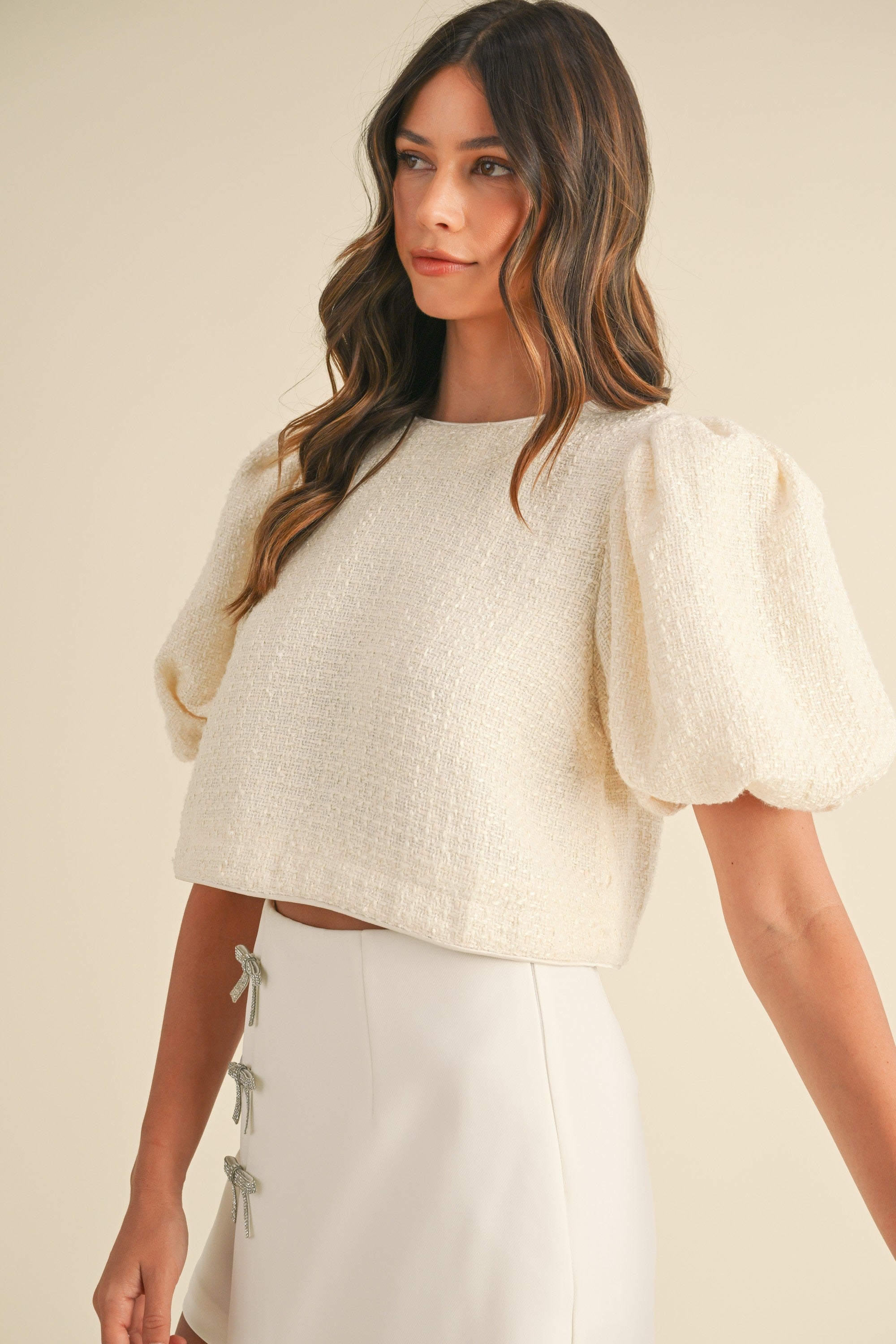 Cream Tweed Puff Sleeve Top – Sophie's Boutique Valdosta