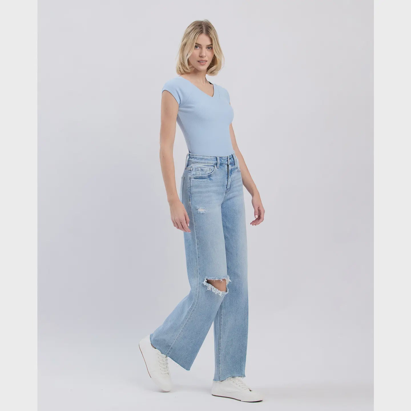 High Rise Distressed Clean Cut Raw Hem Wide Jeans – Sophie's Boutique ...