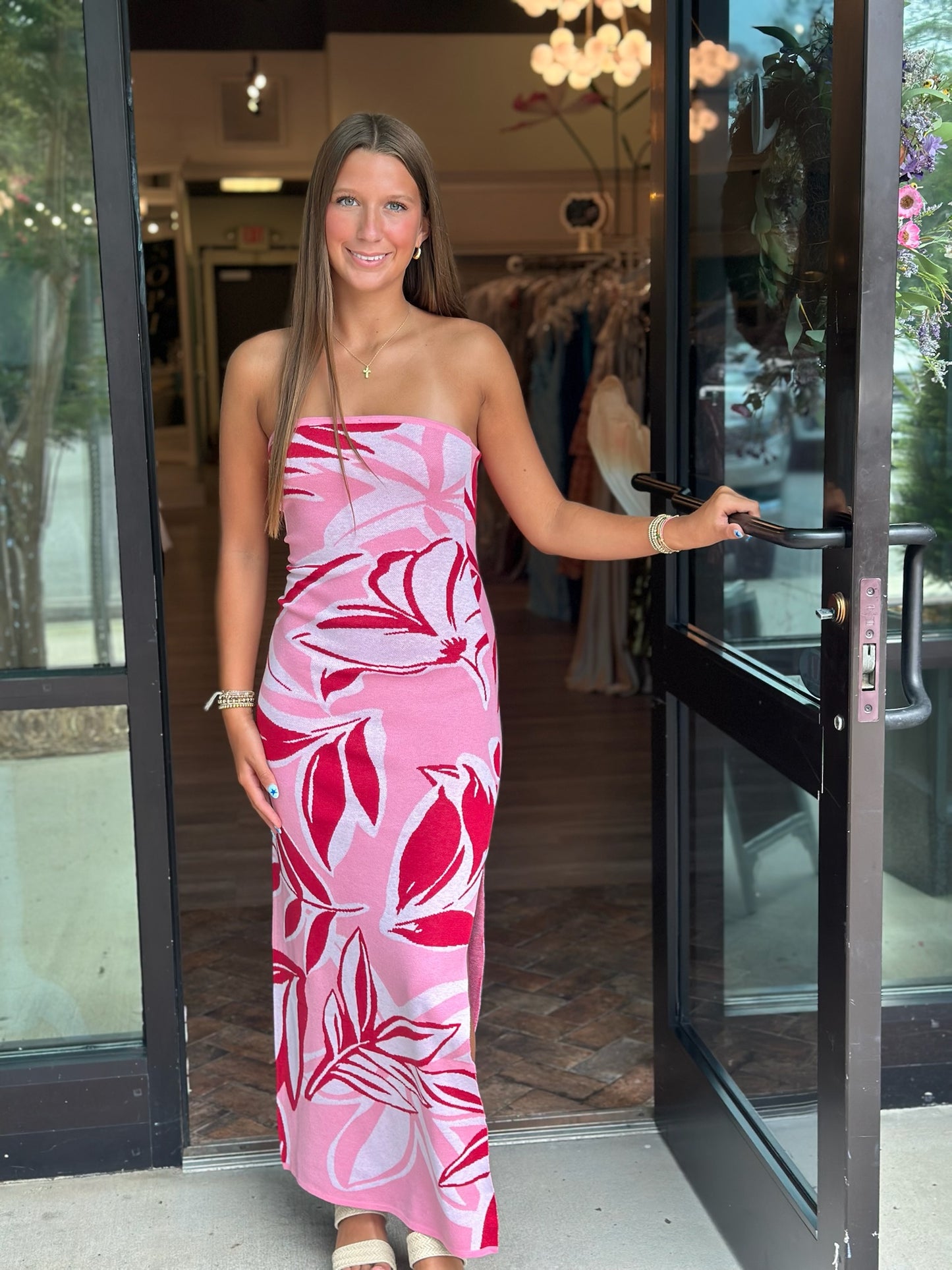 Pink Floral Jacquard Knit Strapless Maxi Sweater Dress – Sophie's Boutique Valdosta